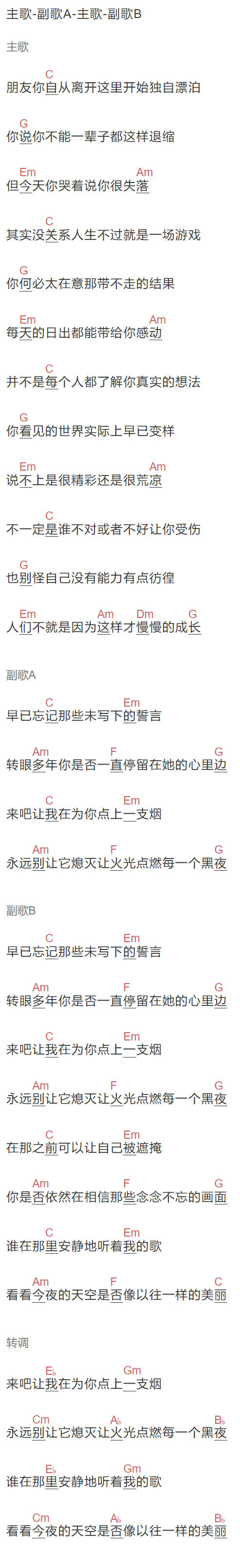 安子与九妹《嘿！朋友》吉他谱C调和弦谱(txt)1