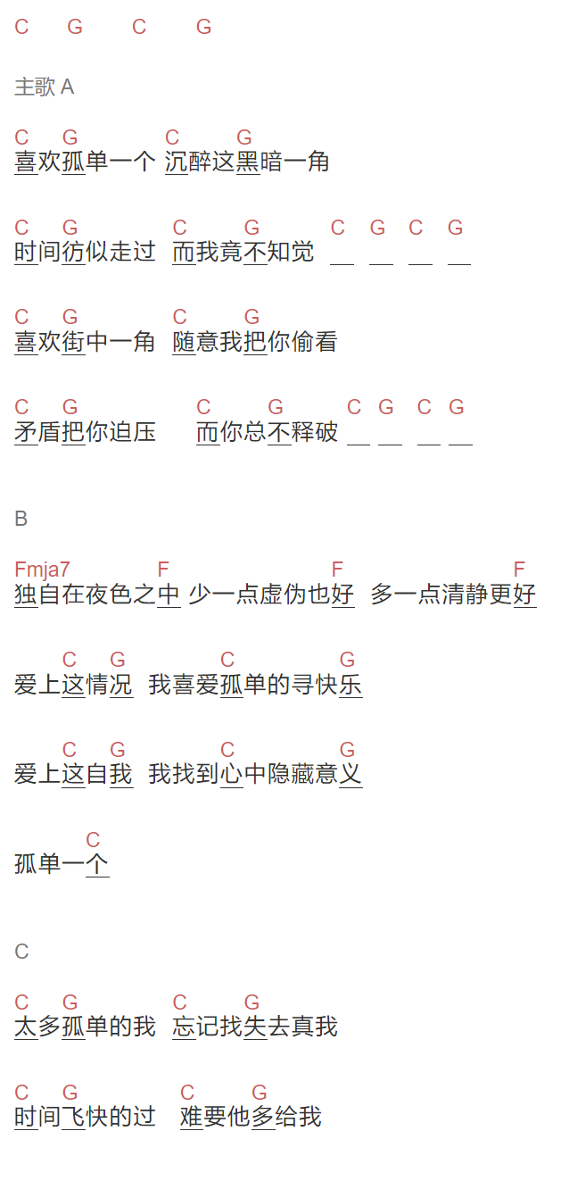 beyond《喜欢一个人》吉他谱C调和弦谱(txt)1