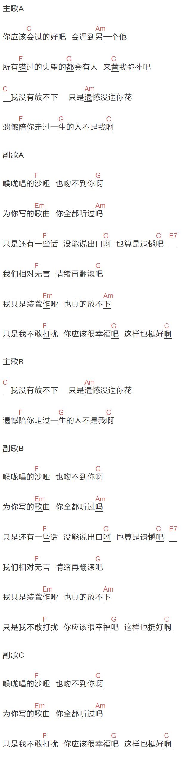 枯木逢春《喉咙唱的沙哑》吉他谱C调和弦谱(txt)1