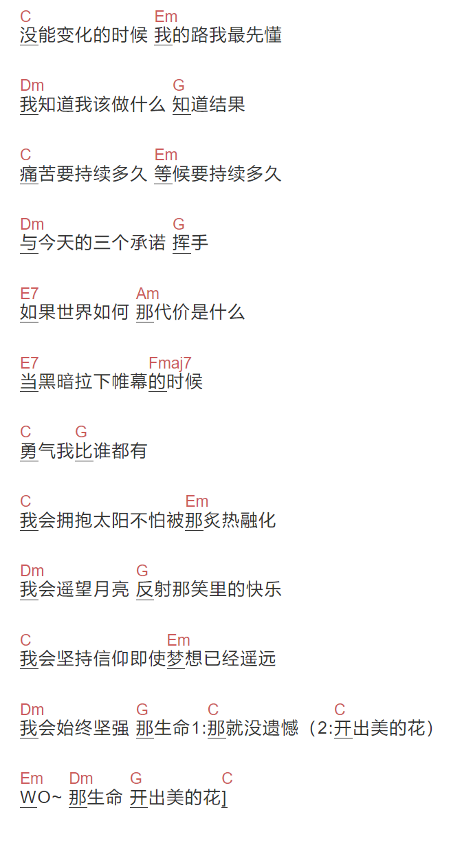 王继阳《唱给自己的歌》吉他谱C调和弦谱(txt)1