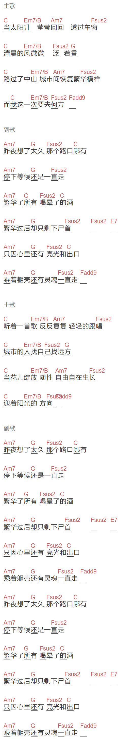 歌之初乐队《哪有》吉他谱C调和弦谱(txt)1
