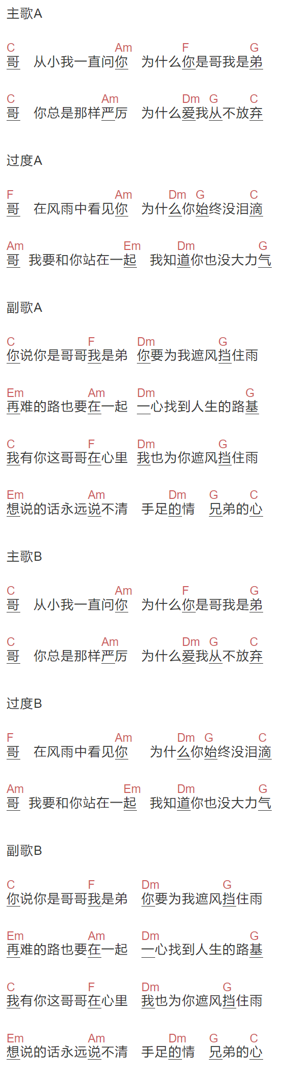 常石磊《哥哥》吉他谱C调和弦谱(txt)1