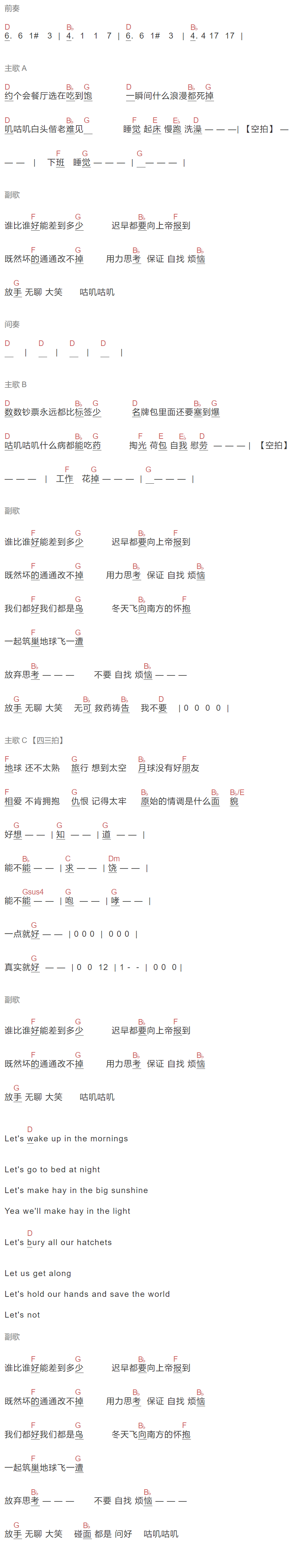 孙燕姿《咕叽咕叽》吉他谱C调和弦谱(txt)1