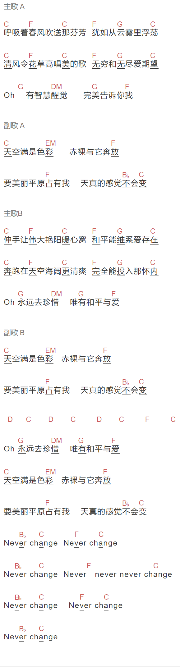 BEYOND《和平与爱》吉他谱C调和弦谱(txt)1