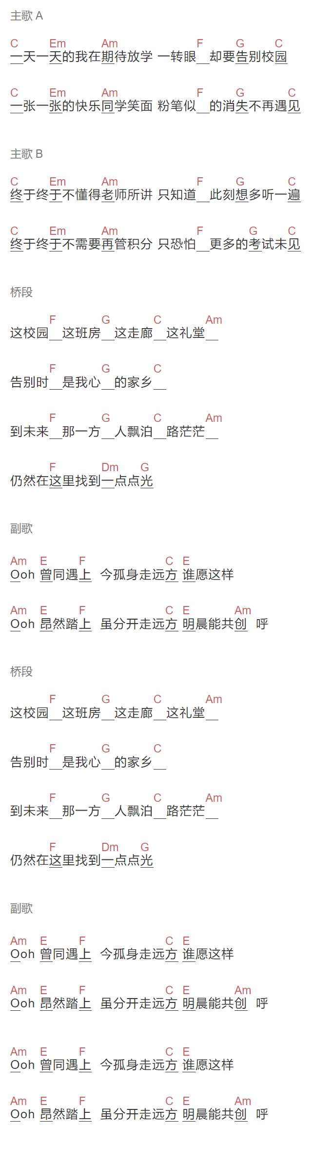 李克勤《告别校园时》吉他谱C调和弦谱(txt)1