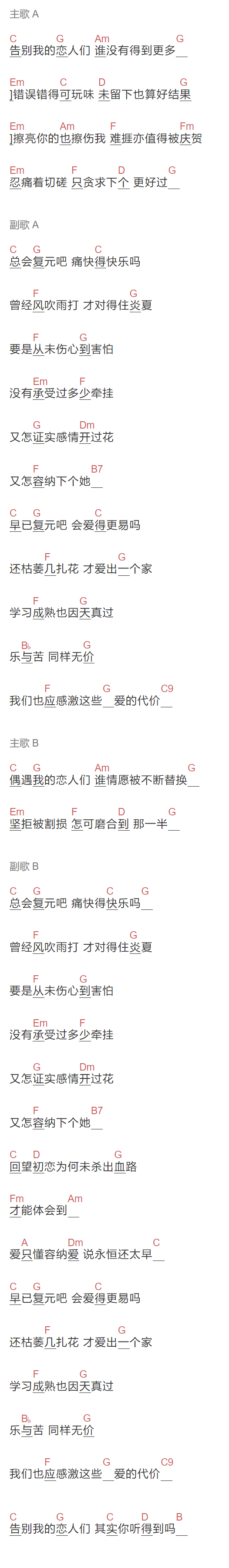 古巨基《告别我的恋人们》吉他谱C调和弦谱(txt)1