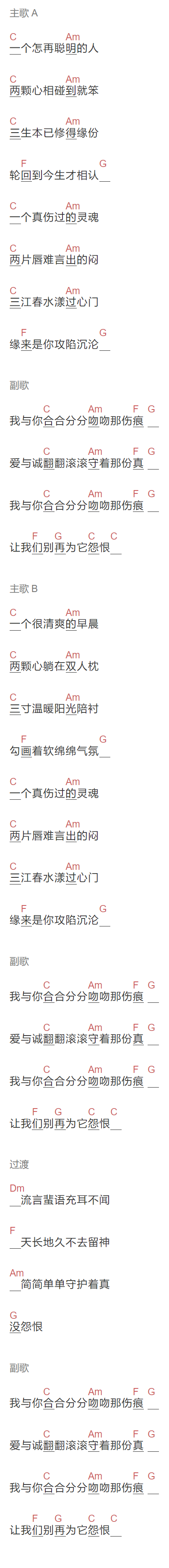 花儿乐队《吻痕》吉他谱C调和弦谱(txt)1