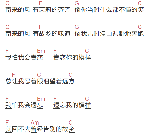 好妹妹乐队《南来的风》吉他谱C调和弦谱(txt)1