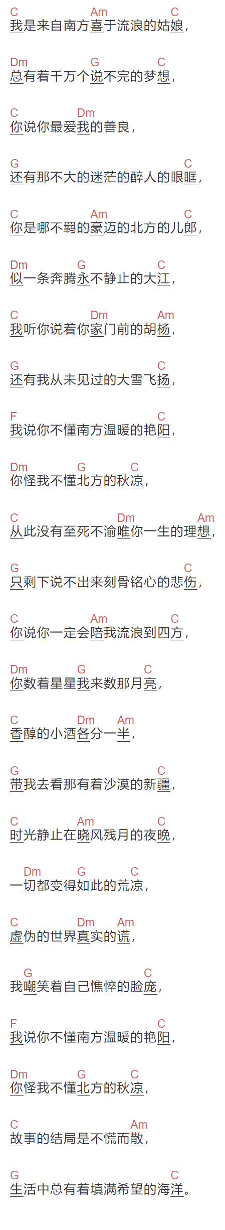 音符姑娘《南北往事》吉他谱C调和弦谱(txt)1