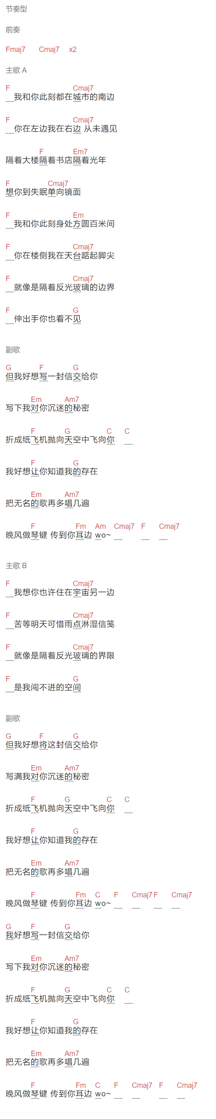 王晓佳《单向镜面》吉他谱C调和弦谱(txt)1