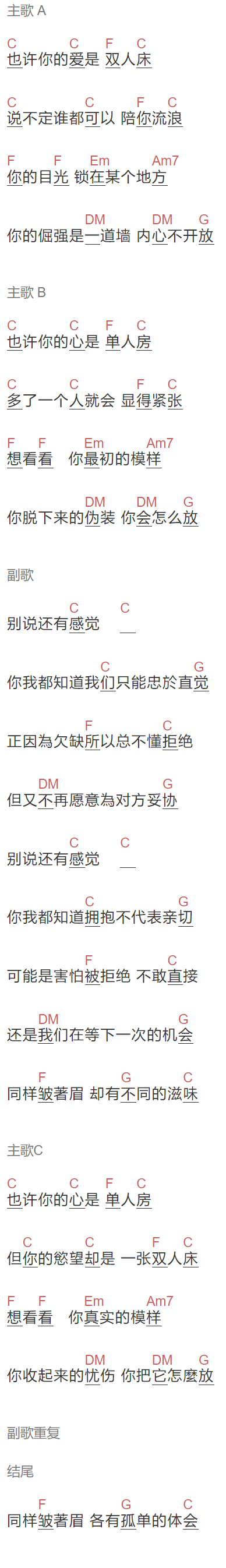 莫文蔚《单人房双人床》吉他谱C调和弦谱(txt)1