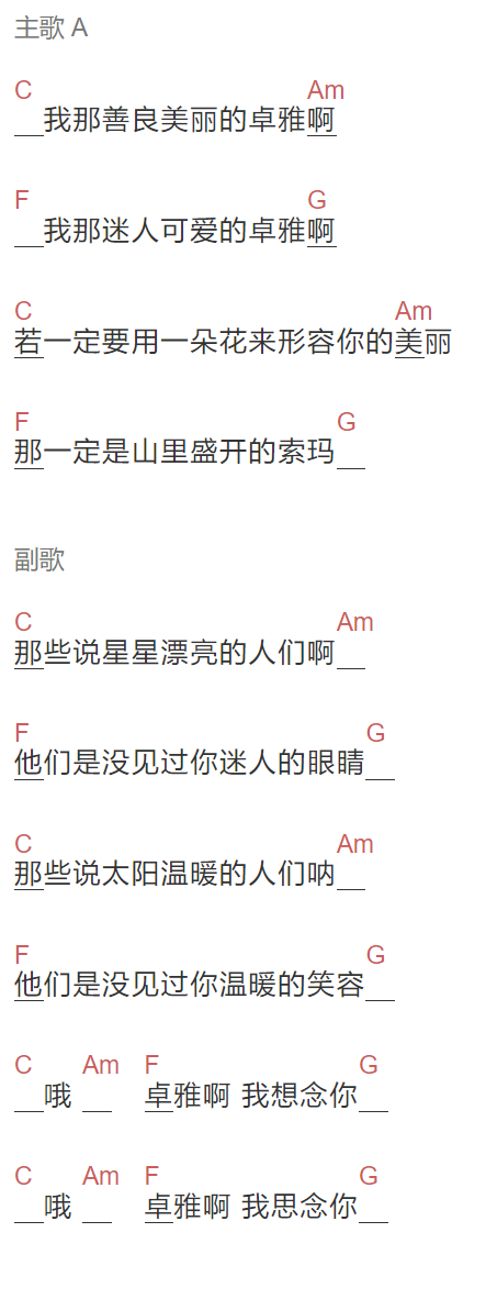 海来阿木《卓雅》吉他谱C调和弦谱(txt)1