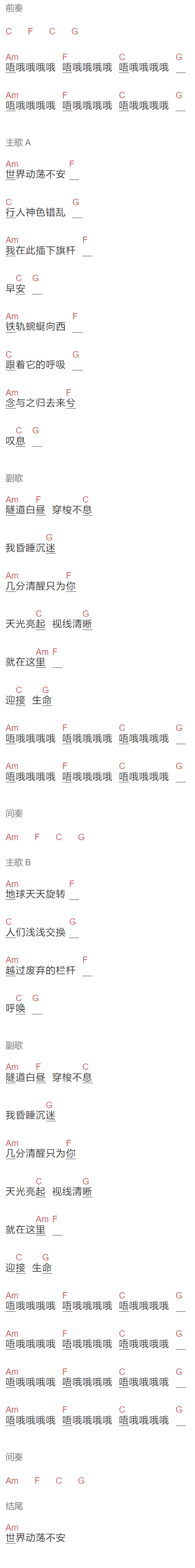 MOONAGE《半山》吉他谱C调和弦谱(txt)1