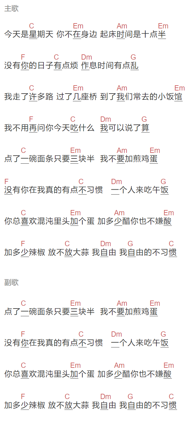 晓月老板《午餐》吉他谱C调和弦谱(txt)1