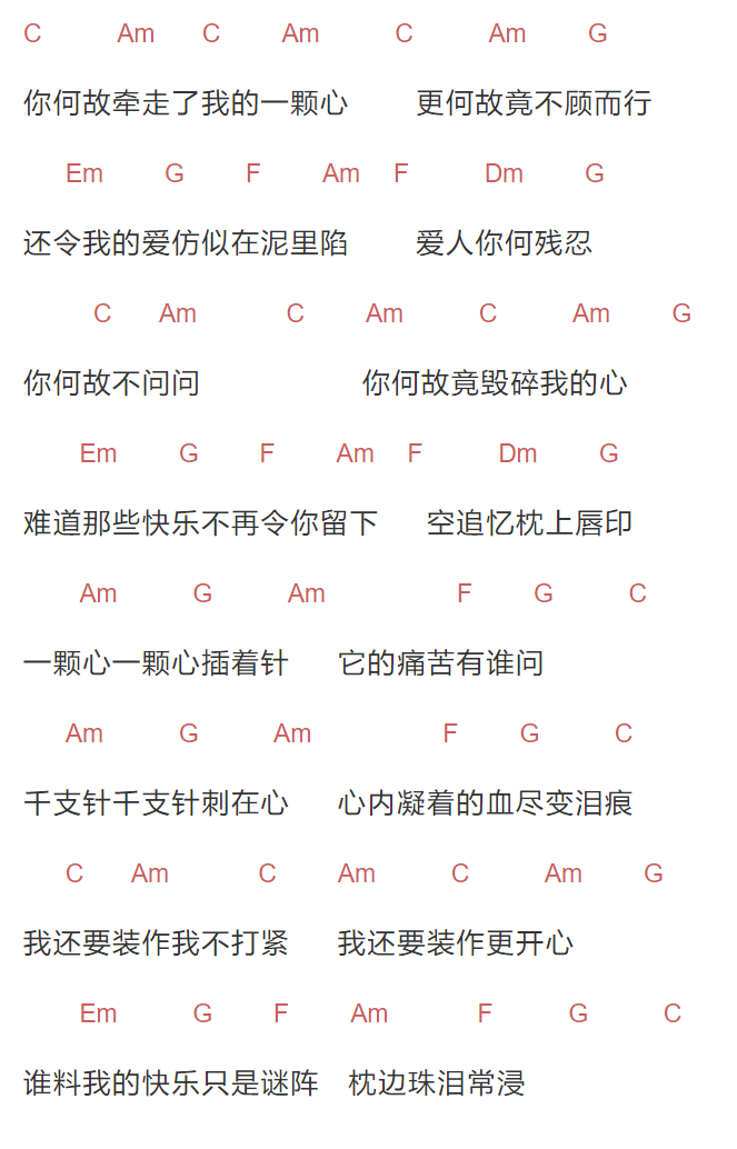 林子祥《千支针刺在心》吉他谱C调和弦谱(txt)1