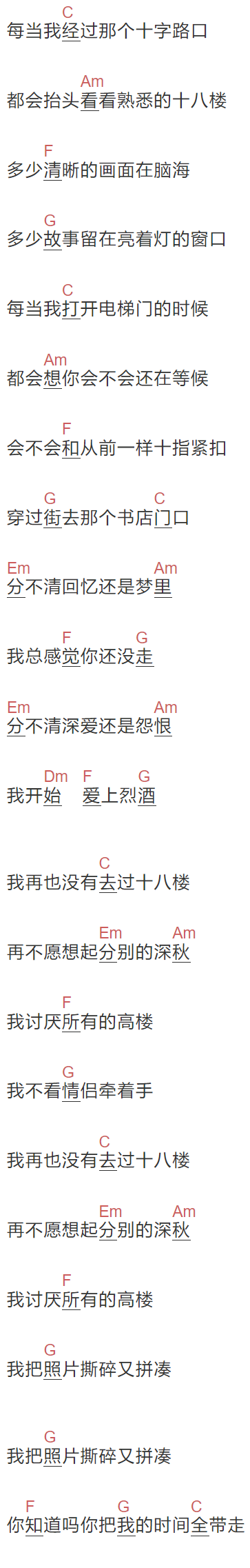 陈硕子《十八楼》吉他谱C调和弦谱(txt)1