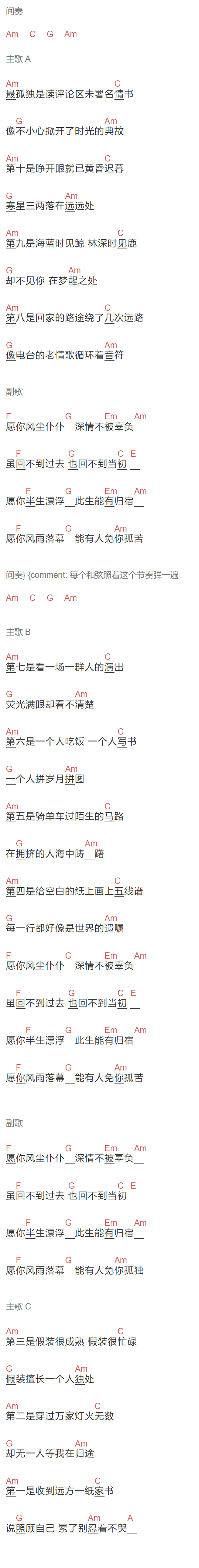 宿羽阳《十一种孤独》吉他谱C调和弦谱(txt)1