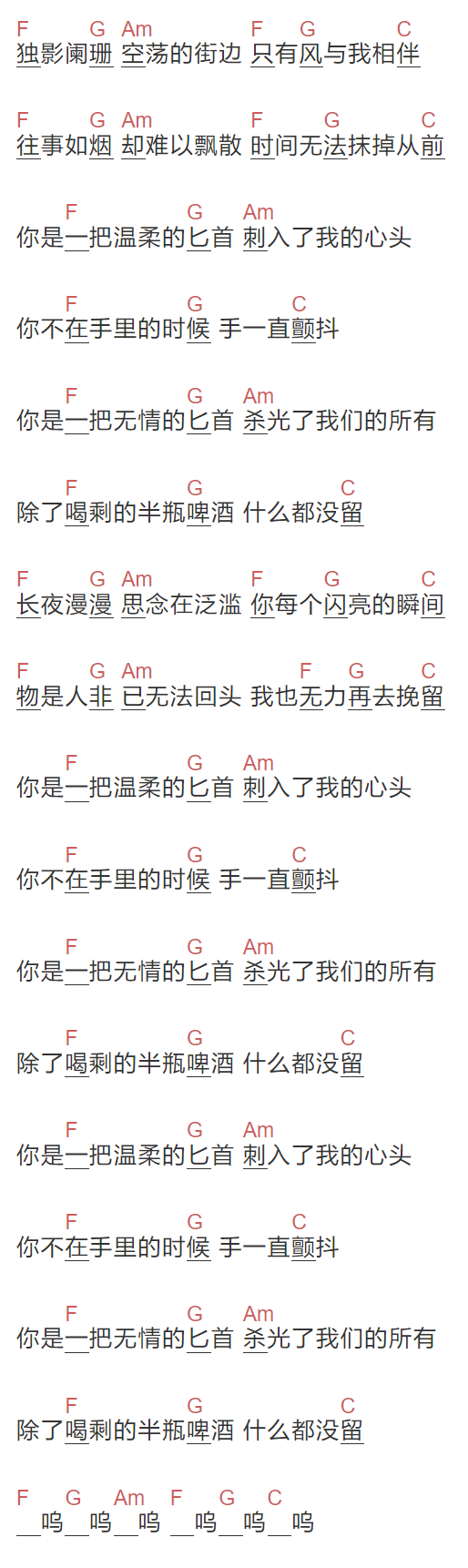 王荻《匕首》吉他谱C调和弦谱(txt)1