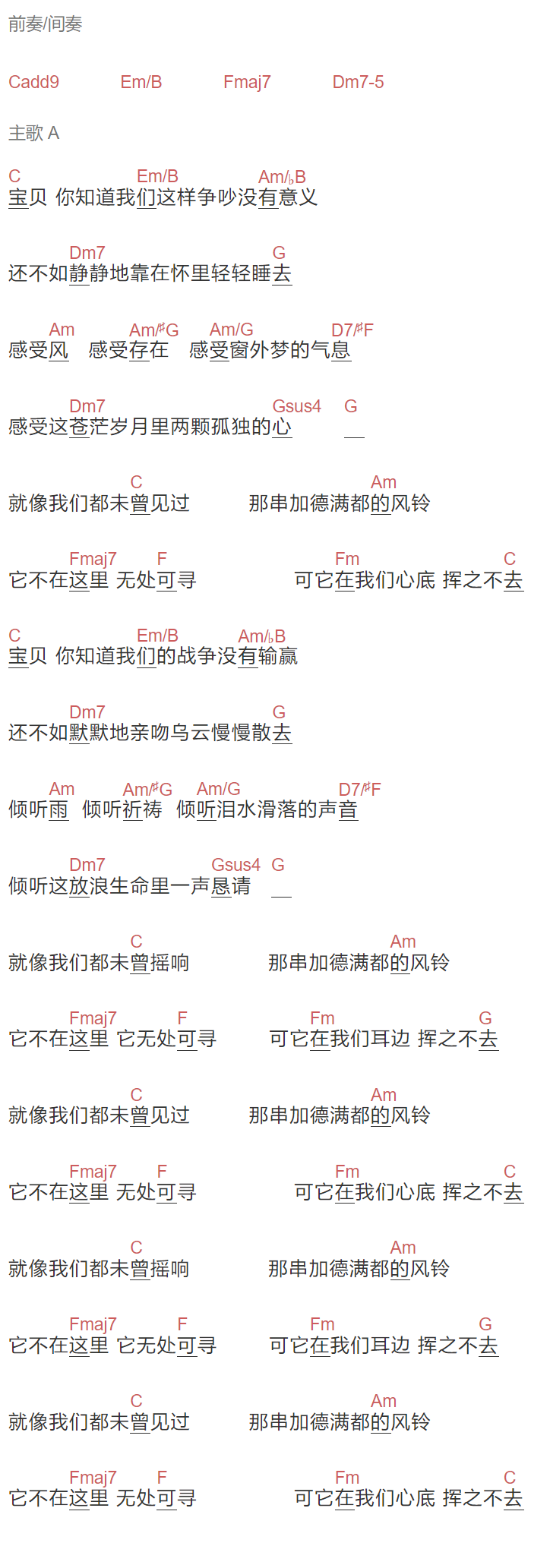 汪峰《加德满都的风铃》吉他谱C调和弦谱(txt)1
