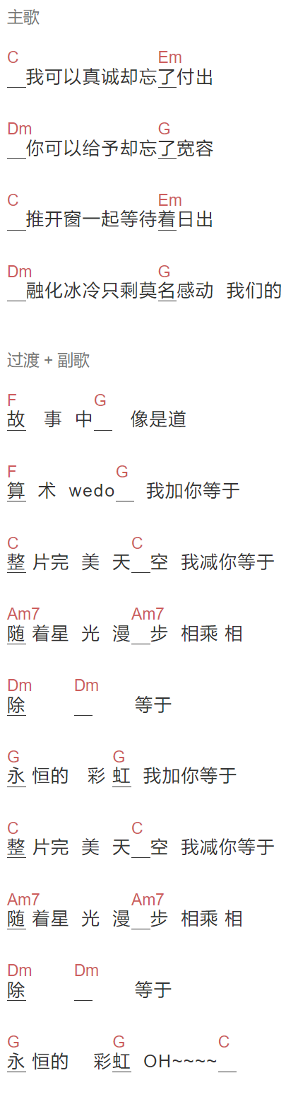花儿乐队《加减乘除》吉他谱C调和弦谱(txt)1
