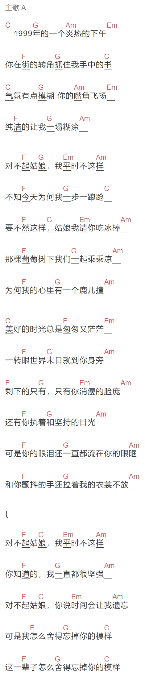 南无乐队《你的模样》吉他谱C调和弦谱(txt)1