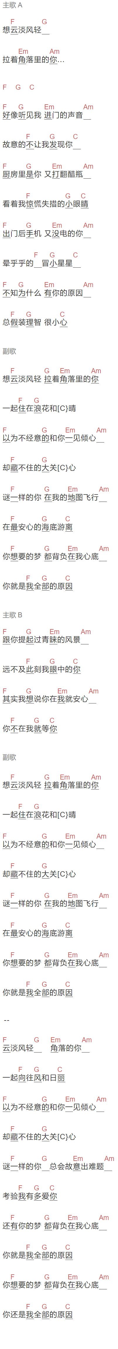 王欣宇,沈以诚《云淡风轻》吉他谱C调和弦谱(txt)1