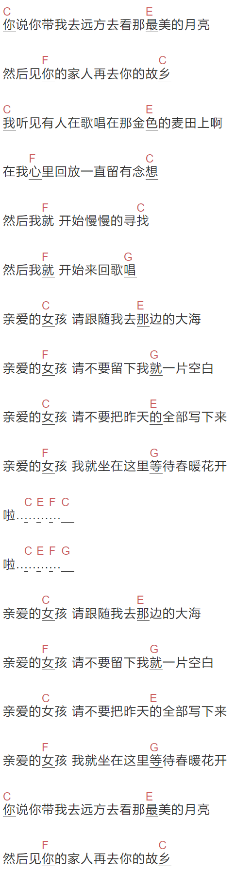 林晨阳《亲爱的女孩》吉他谱C调和弦谱(txt)1