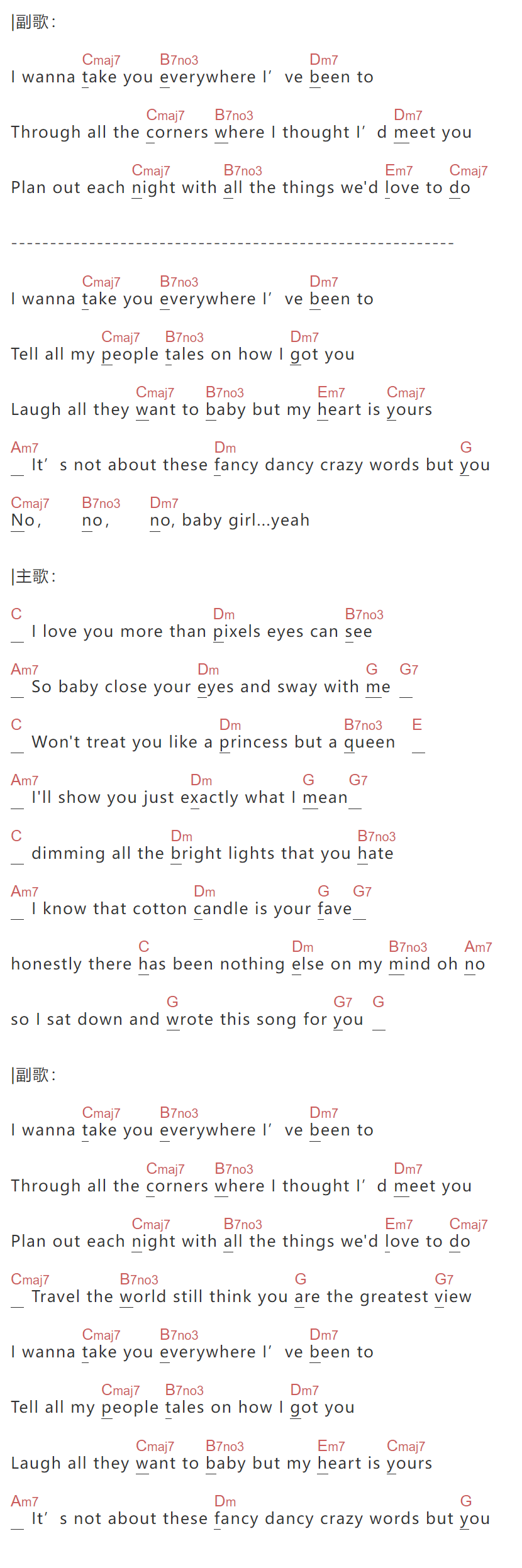 余佳运《I Wanna》吉他谱C调和弦谱(txt)1