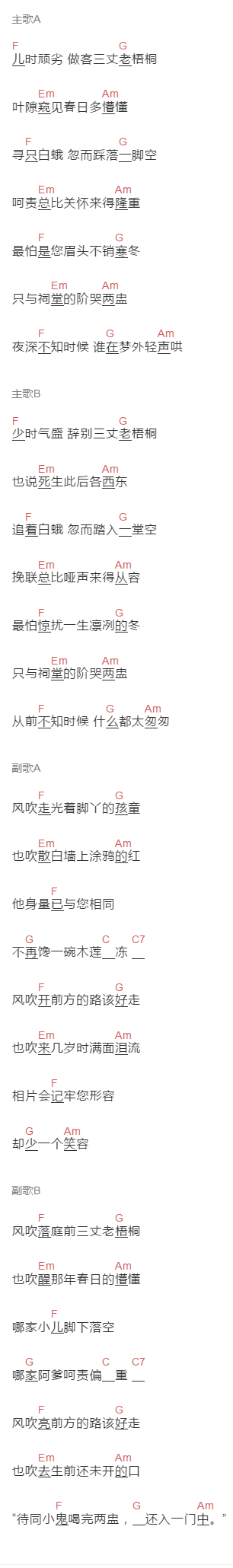 万象凡音,蒸鱼《风何往》吉他谱C调和弦谱(txt)1