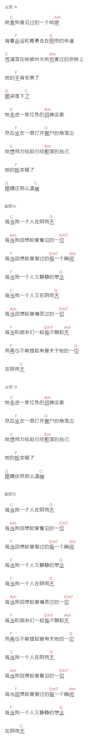 马融《阴雨天》吉他谱C调和弦谱(txt)1