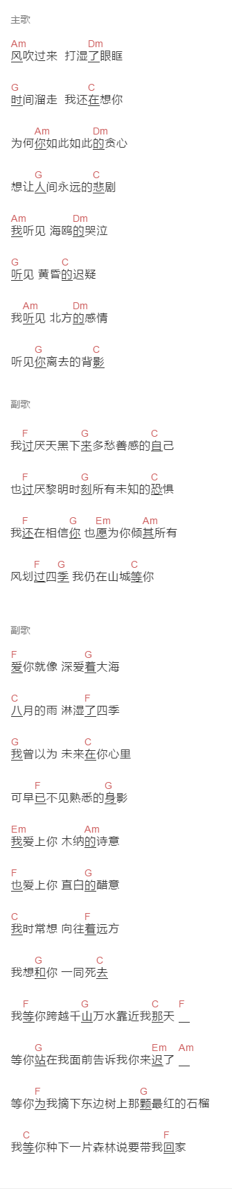 姜铭杨,闷猪《阳春大街47号》吉他谱C调和弦谱(txt)1