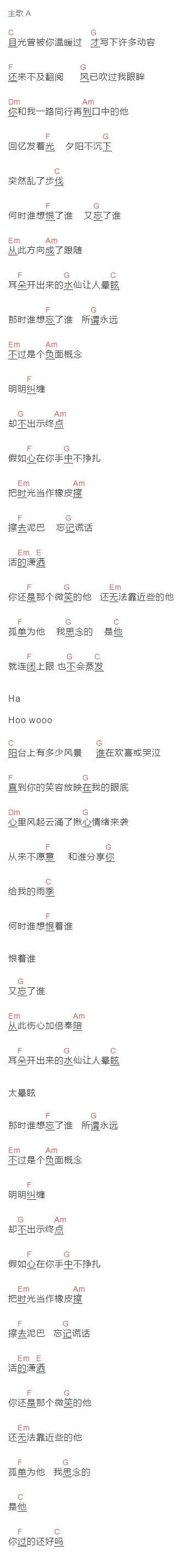 张韶涵《阳台上》吉他谱C调和弦谱(txt)1