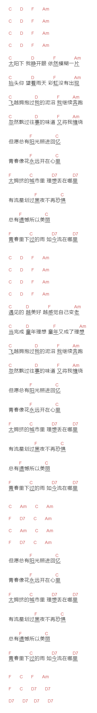 逃跑计划《阳光照进回忆里》吉他谱C调和弦谱(txt)1