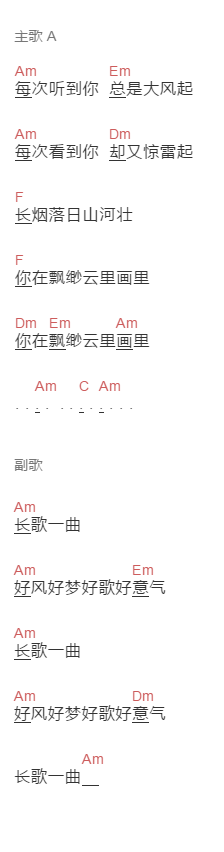 腾格尔《长歌一曲》吉他谱C调和弦谱(txt)1