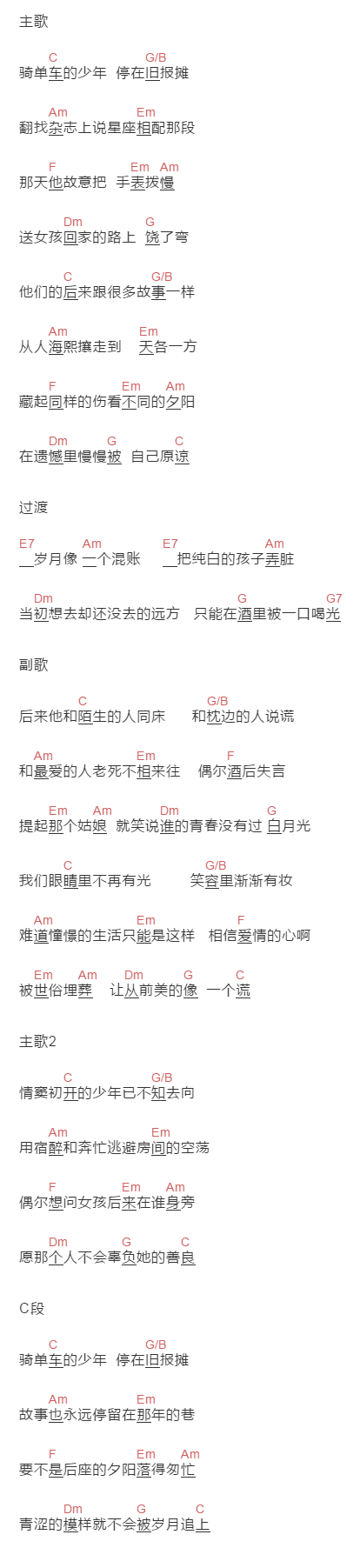 范茹《长大成人》吉他谱C调和弦谱(txt)1