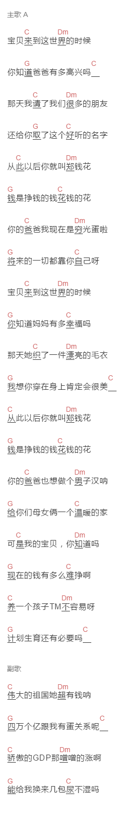 川子《郑钱花》吉他谱C调和弦谱(txt)1