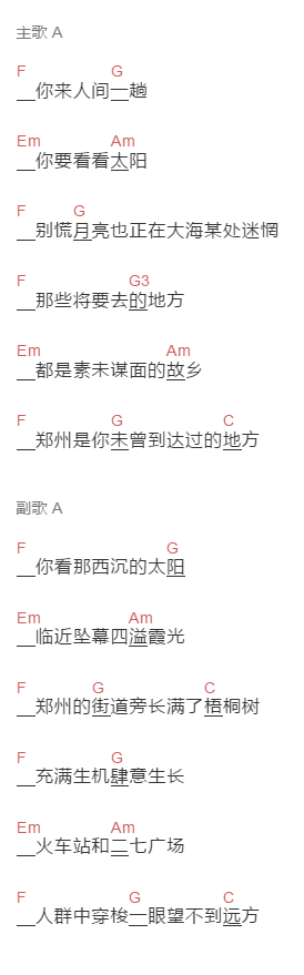 李霖森《郑州的生活》吉他谱C调和弦谱(txt)1