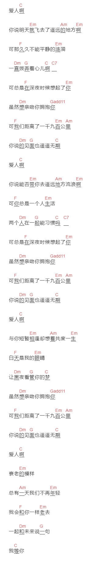 谢路明《遥遥无期》吉他谱C调和弦谱(txt)1