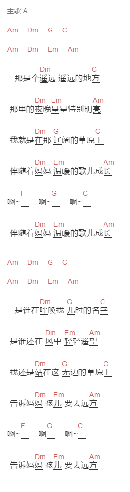 娜仁齐齐格《遥远的妈妈》吉他谱C调和弦谱(txt)1
