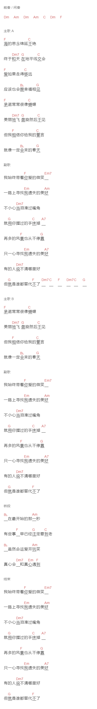 张韶涵《遗失的美好》吉他谱C调和弦谱(txt)1