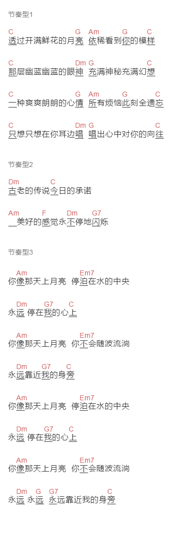 林依轮《透过开满鲜花的月亮》吉他谱C调和弦谱(txt)1