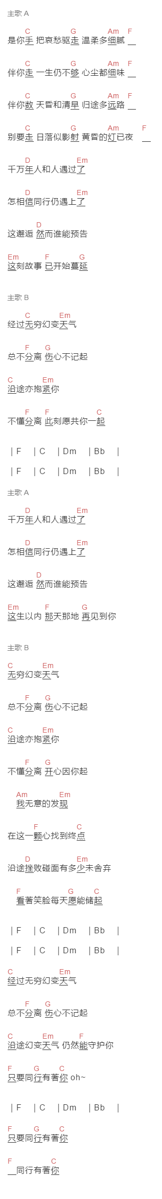 Mr《遇到了》吉他谱C调和弦谱(txt)1