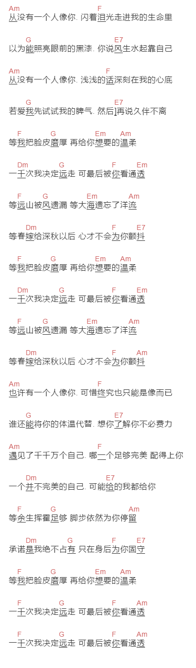 陈亦云《通透》吉他谱C调和弦谱(txt)1