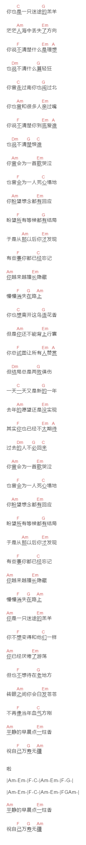 安子与九妹《迷途的羔羊》吉他谱C调和弦谱(txt)1