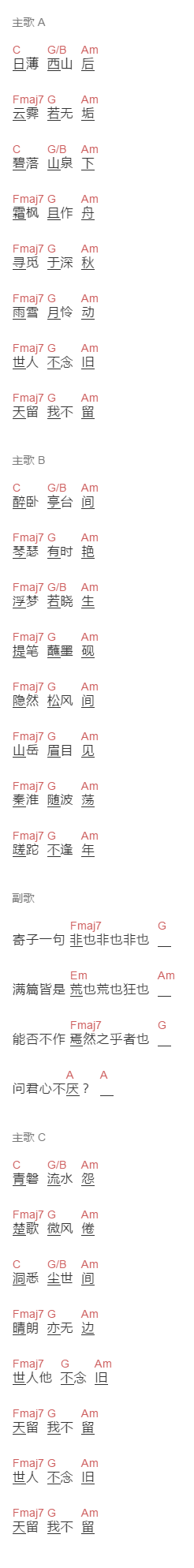 沈以诚《迷津》吉他谱C调和弦谱(txt)1