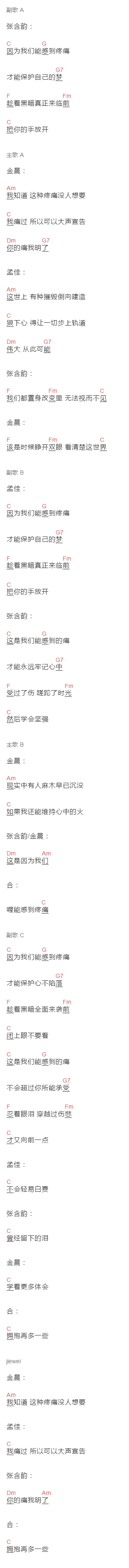张含韵,金晨,孟佳《这是因为我们能感到疼痛》吉他谱C调和弦谱(txt)1