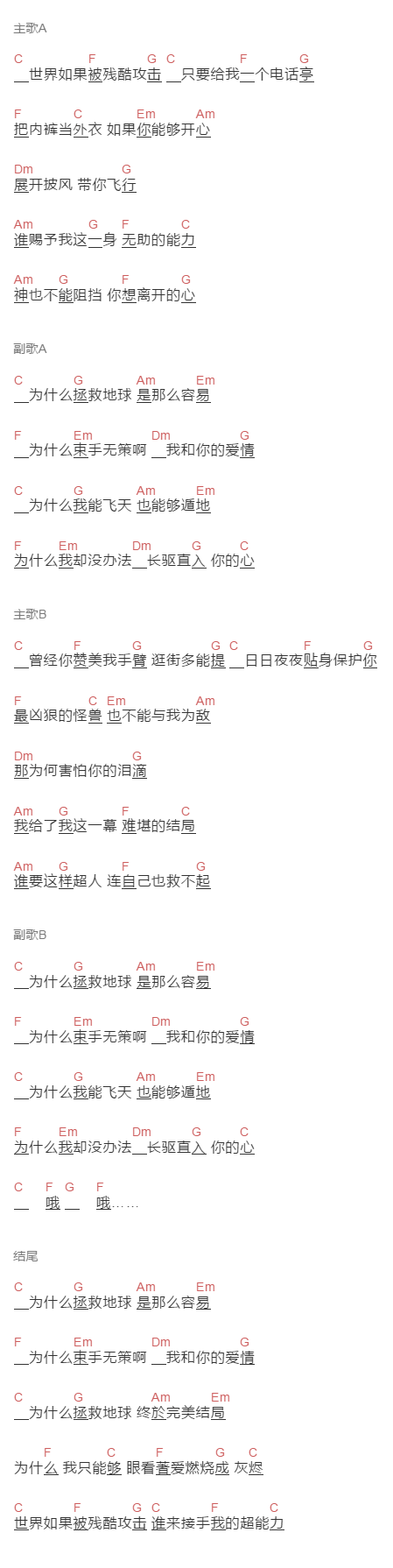 五月天《超人》吉他谱C调和弦谱(txt)1
