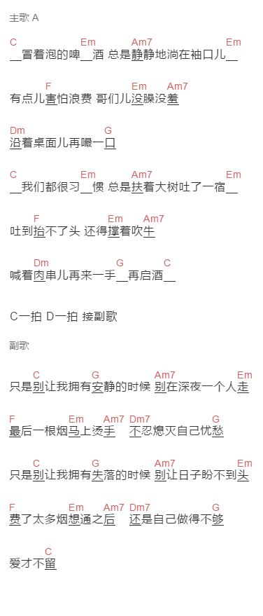  阿叔《费烟》吉他谱C调和弦谱(txt)1