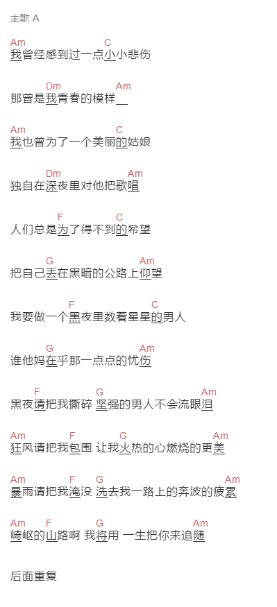 姚蒙《谁在乎那悲伤》吉他谱C调和弦谱(txt)1