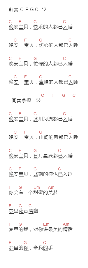  刘戈川《说句晚安给你听》吉他谱C调和弦谱(txt)1
